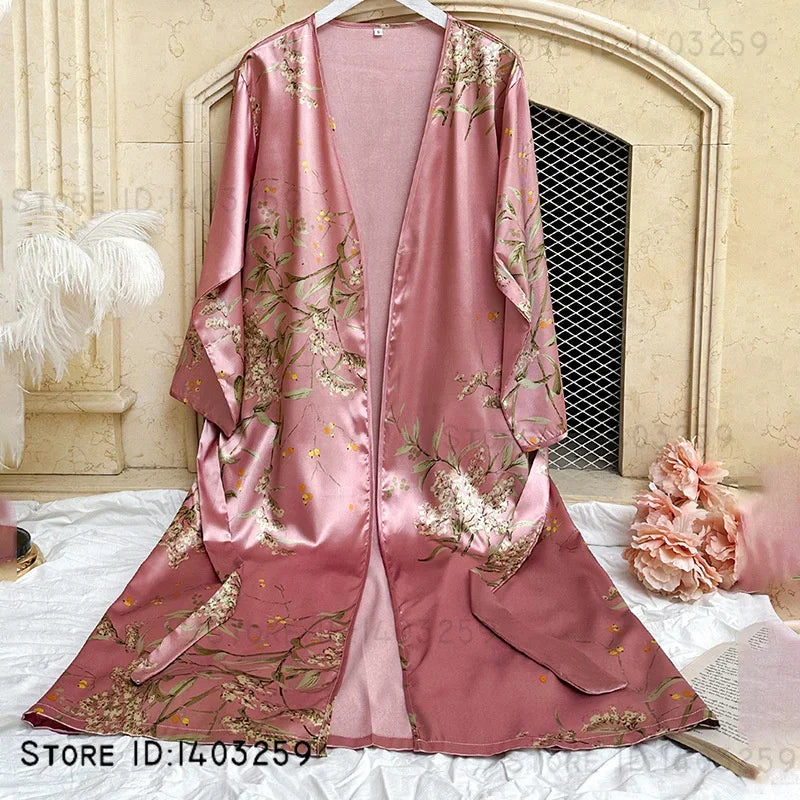Large Size Female 3PCS Robe Pajamas Set Sexy Print Flower Kimono Batrobe Gown Spring Summer Sleepwear Homewear Satin Loungewear