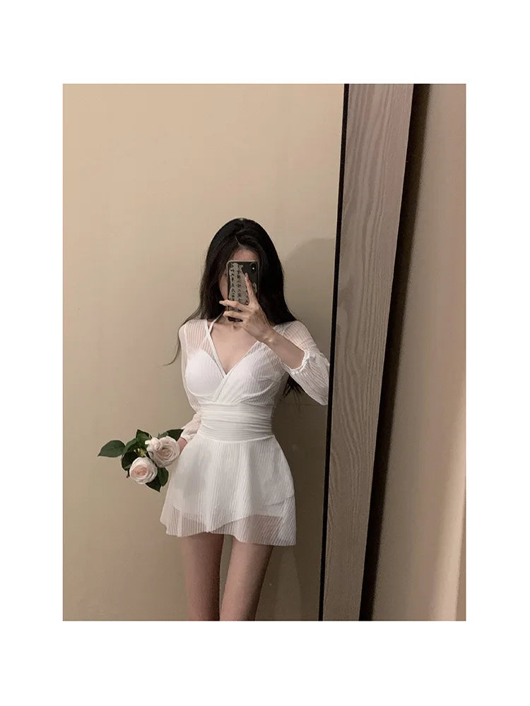 Swimsuit Women's One-piece Dress Style Conservative Belly-covering and Slimming Hot Spring Long-sleeved Sun Protection Vacation