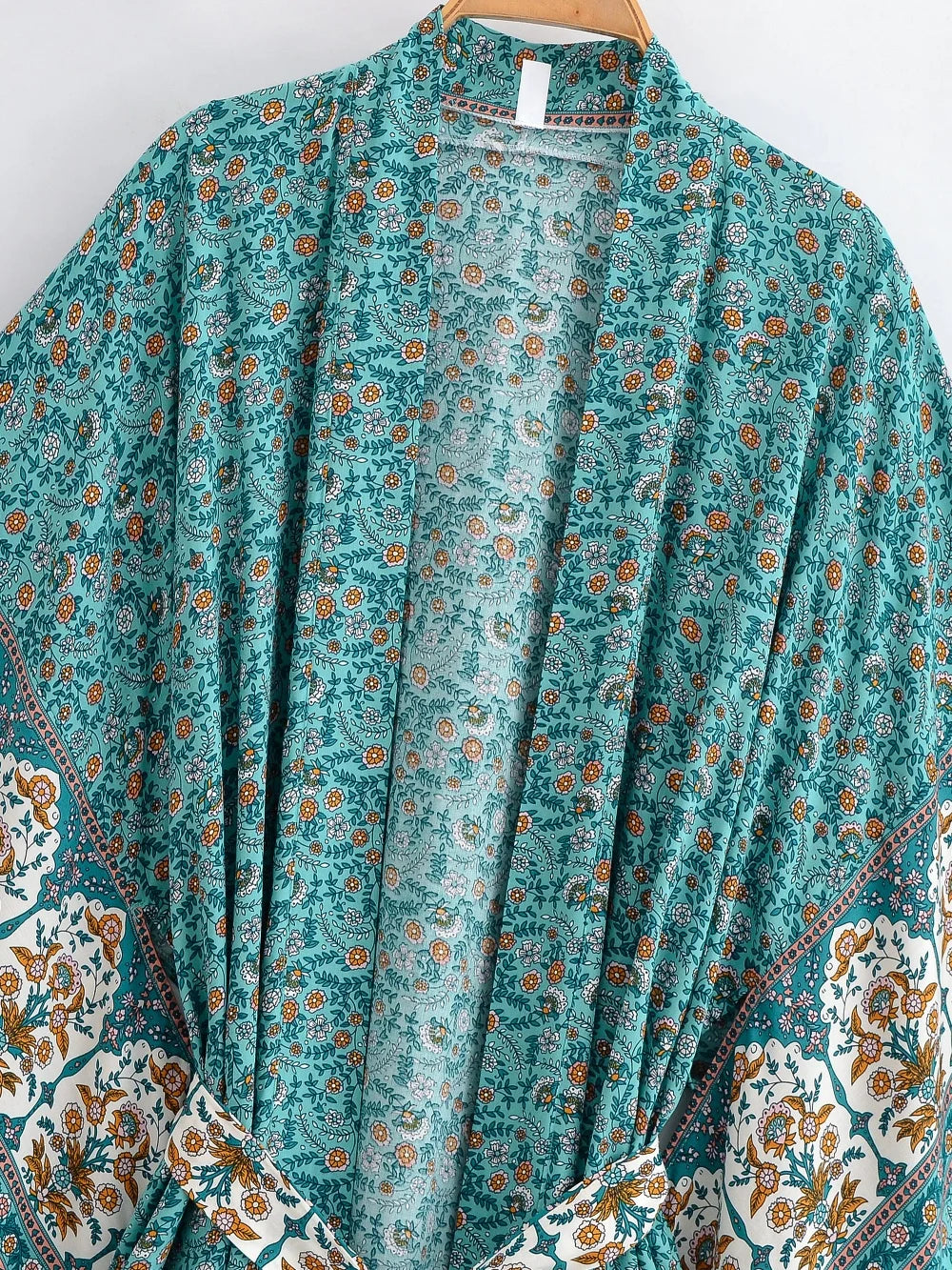 Happie Queens Women  Floral Print Sashes  Bohemian Kimono Ladies V Neck Batwing Sleeves Boho Maxi Dress Robe Bikini Cover-ups