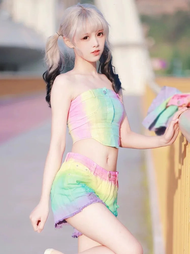 Women's Tie-Dye Low Rise Distressed Denim Shorts New Japanese Fashion High Street Casual Rainbow Soft Girl Versatile Shorts