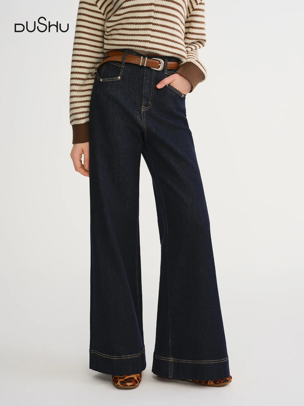 DUSHU Trendy Plus-Size Women's High-Waisted Wide-Leg Jeans Pants 2025 Winter  New Office Casual Stretchy Slimming Perfect Fit