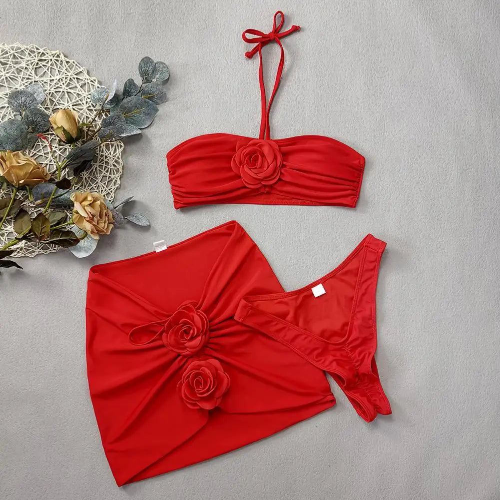 3Pcs/Set Women Summer Bikini Set 3D Rose Flower Decor Halter Bandeau Pleated Bra Swimming Trunks Overskirt Set Swimsuit 수영복 세트