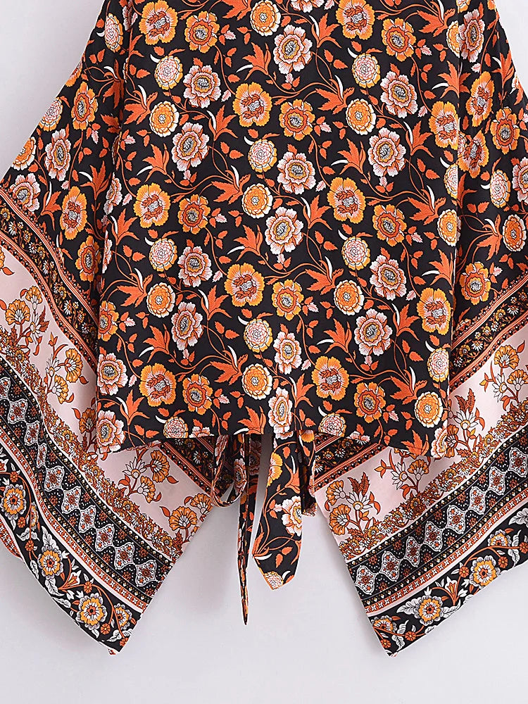 Vintage Women Fashion Boho Kimono Short Robe Swimsuits Floral Batwing Sleeves Rayon Bohemian Bikini Cover Ups Beachwear