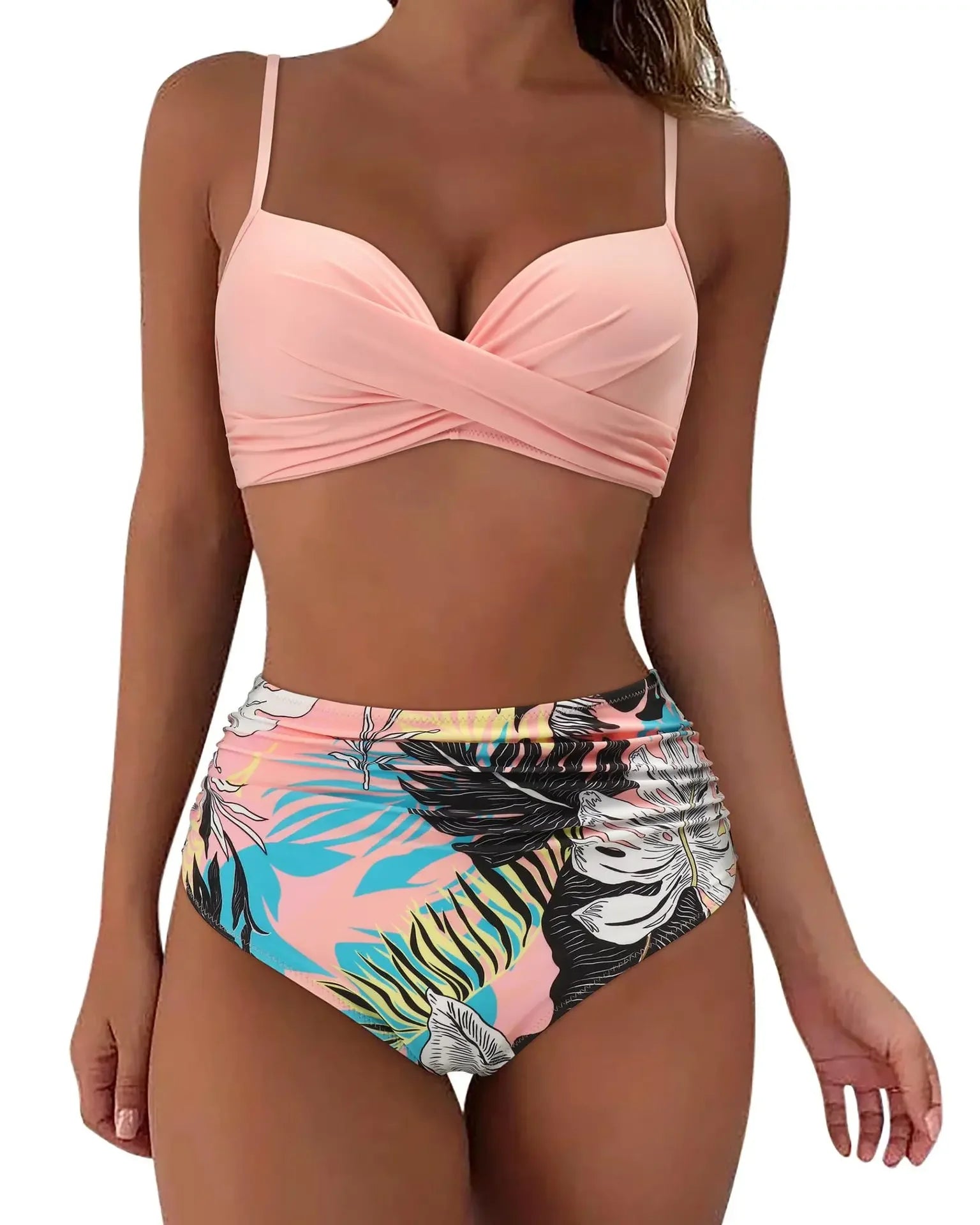 Slimming High Waist Bikini Set Women's Multi-Color Hard Bag Gathered Bikini Ideal for plus Size Swimsuits And Beachwear