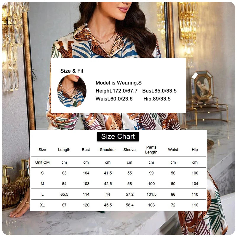 Two piece set of womens pajamas spring and autumn satin printed long sleeved top long pants casual and comfortable home suit set