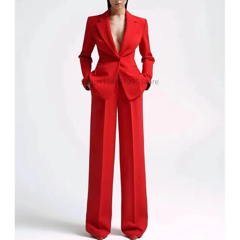Elegant Solid Women's 2 Piece Suit Lady Business Office Suits Slim Fit One Button Jacket Women Tuxedo Casual Suits(Blazer+Pants)