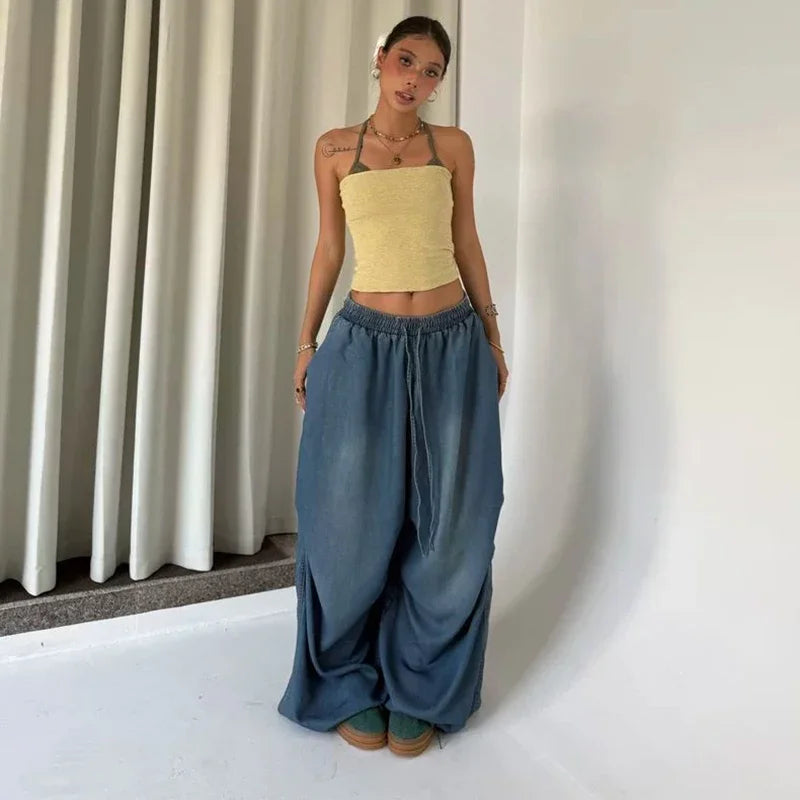 Autumn Oversized Women Wide Leg Jeans Y2K Hip Hop Streetwear Loose Denim Pants High Waist Drawstring All Match Straight Trousers