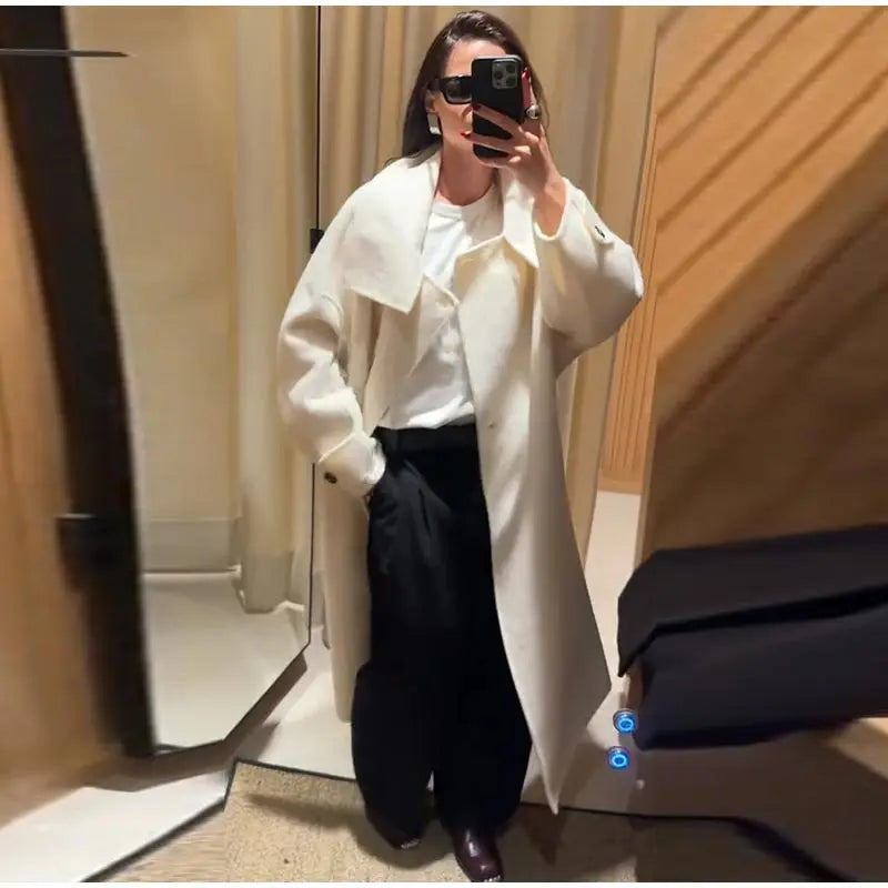 Elegant Stand Collar Long Woolen Coat Women Loose Full Sleeve Single Breast Warm Overcoat 2026 Spring Lady Outwear New