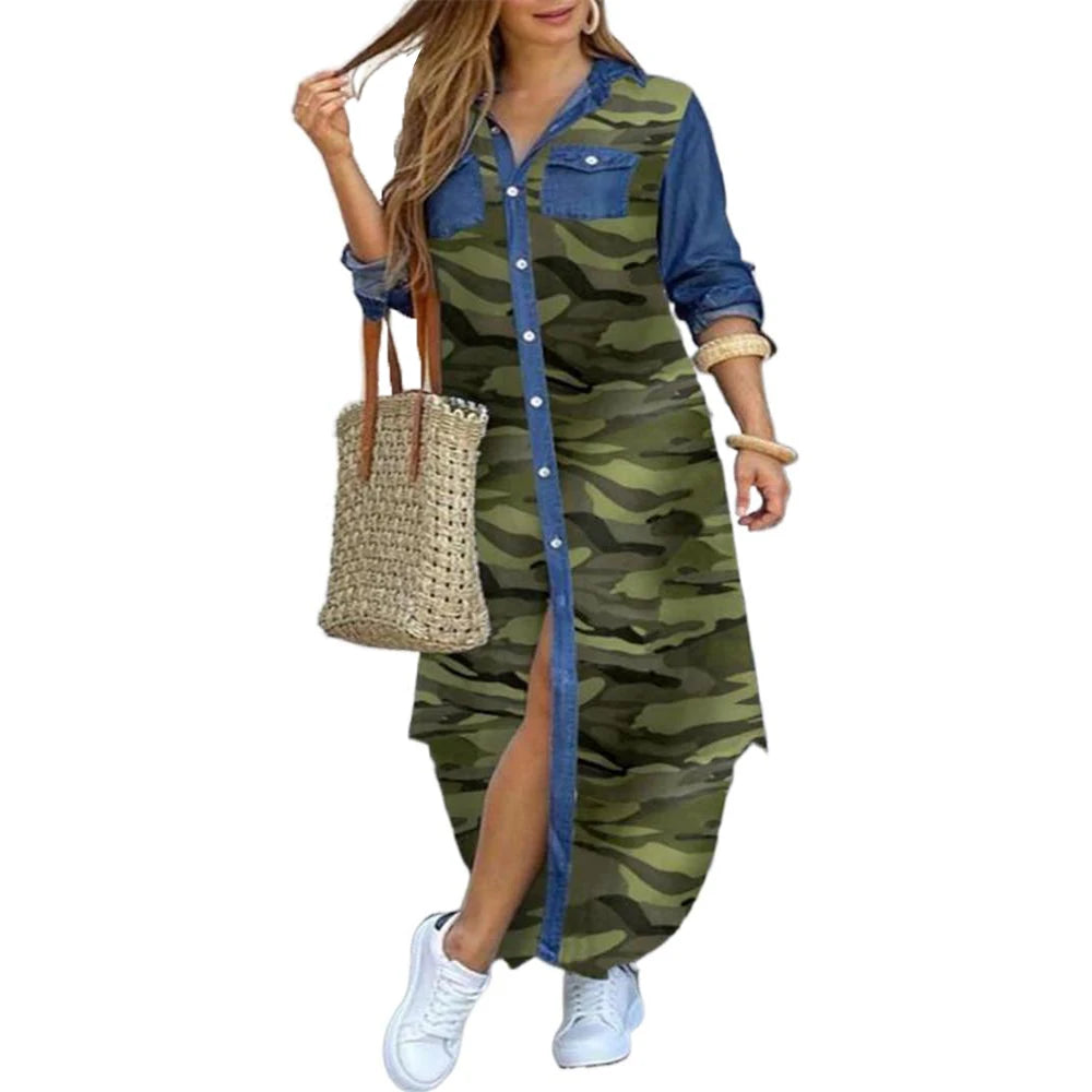 Camouflage Leopard Letters Floral Printed Dresses for Women 2025 Buttons Long Sleeve Loose Split Casual Solid Maxi Dress Robe