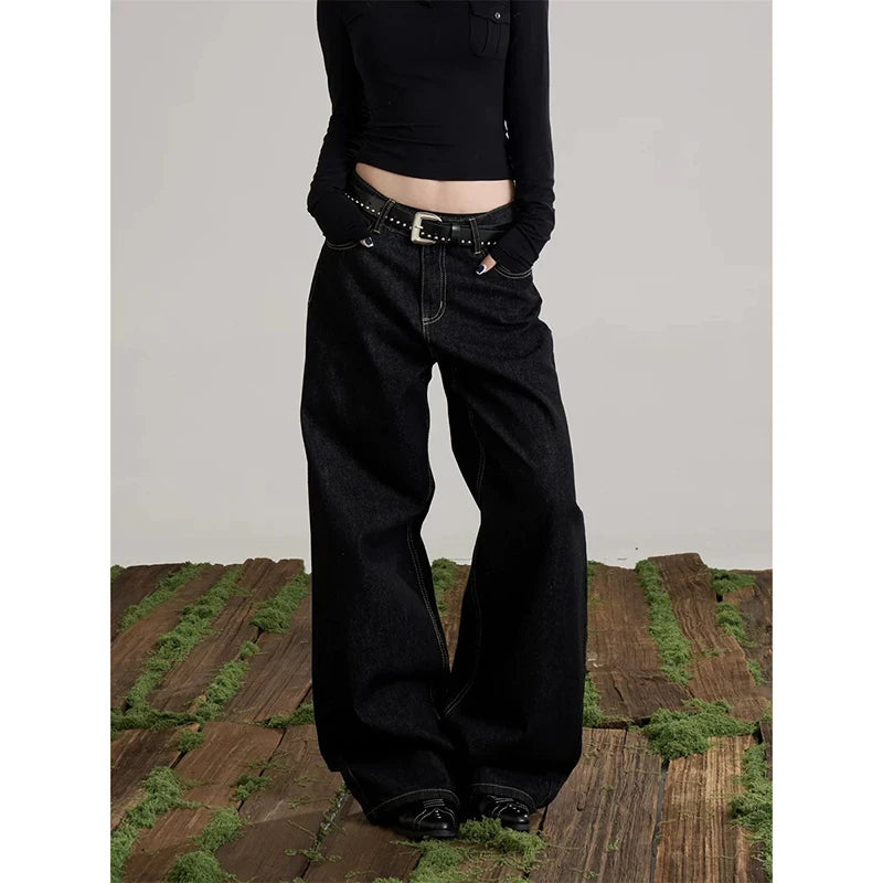 YIBASHU Women Blue Y2k Wide Jeans Letter Print Jean Pants Vintage Harajuku Baggy Grunge Star Denim Trouser Alternative Clothes