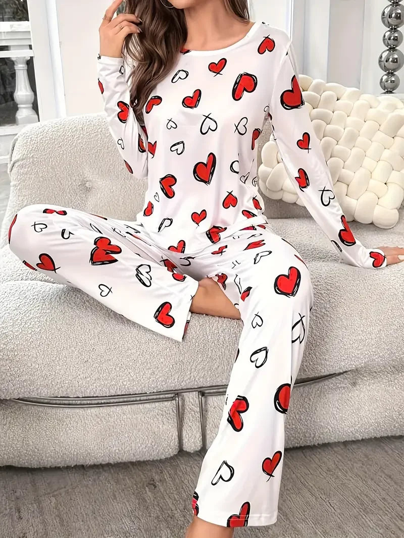 Heart Print Ribbed Frill Trim Pajama Set for Women Sleepwear Knitted Round-Neck Loose Tops Elastic Long Pants Loungewear