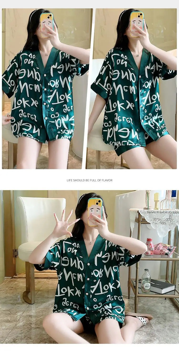 Luxury Women Silk Sleepwear Summer Short Sleeve Cardigan Shorts Two Pieces Homewear Kawaii Clothing Pajama Sets Nightwear Korean