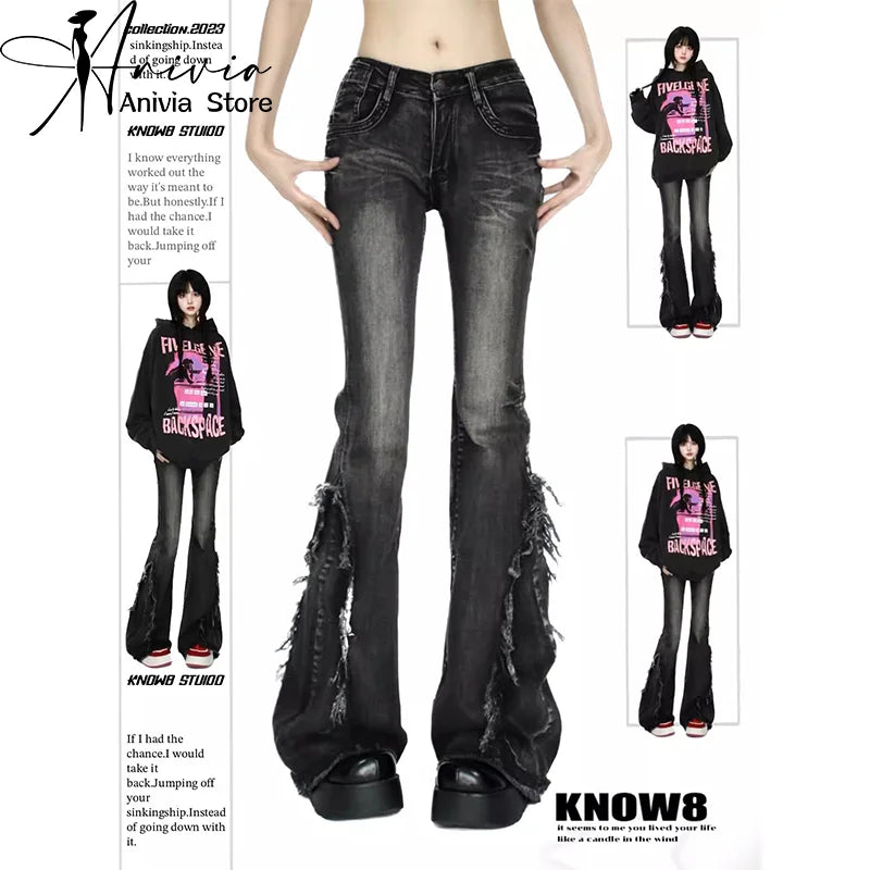 Women's Black Gothic Baggy Flare Jeans Harajuku Y2k Aesthetic Denim Trousers Punk Jean Pants Vintage 2000s Trashy Clothes 2024