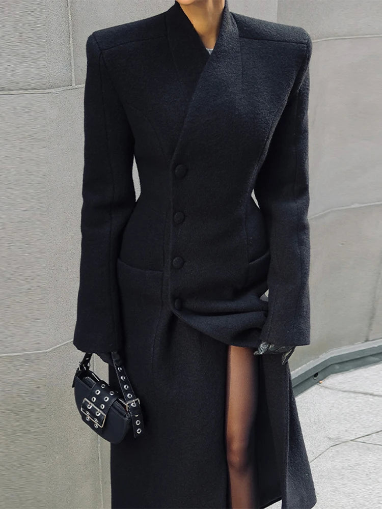 Elegant Stand Collar Long Woolen Coat Women Loose Full Sleeve Single Breast Warm Overcoat 2026 Spring Lady Outwear New