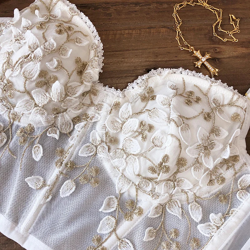 2 Pieces Sexy Lace Flowers Embroidery Underwear Set for Women French Body Shaping Push Up Bra Set Romantic White Lingerie Sets
