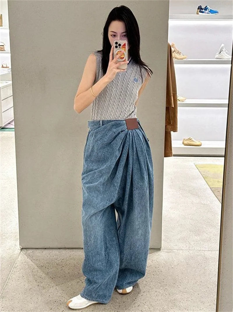 Limiguyue Luxury Brand Loose Pleated Casual Wide Leg Jeans Women Spring Autumn Mid Waist Denim Trousers Washed Long Pants 231A