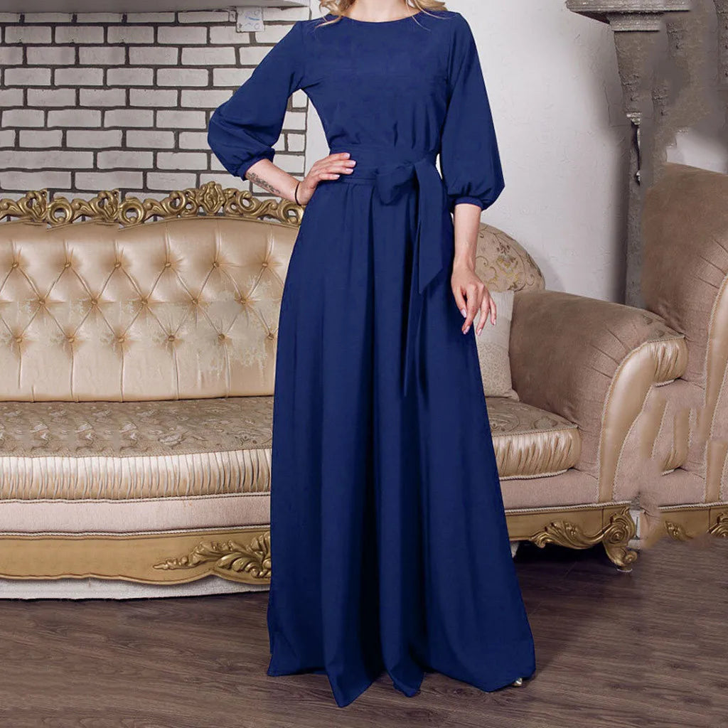 Women's Long Sleeve Dress A Line Solid Tie Up Waisted Formal Dresses For Women Vintage O Neck Medieval Long Dresses For Women