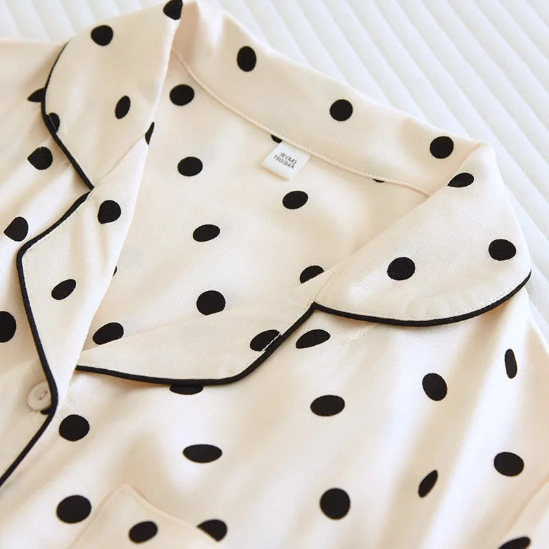 2023 Spring/Summer New Women's Pajama Set Gongsatin Cotton Women's Pajama Silk 100% Viscose Polka Dot Print Sleepwear 2-Piece