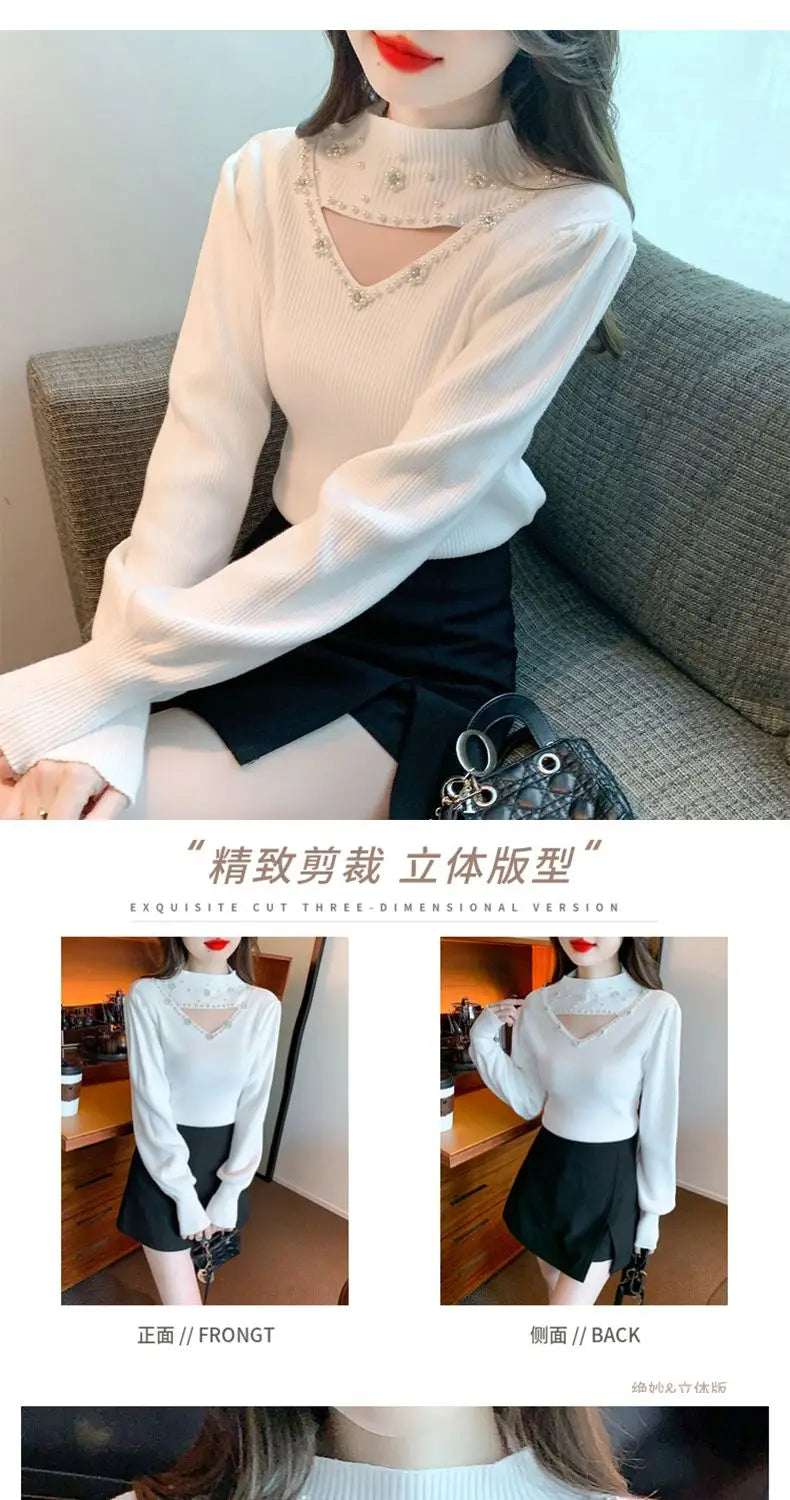 Autumn Winter Fashion Embroidered Flares Solid Color Half Height Collar Pullovers Ladies Fashionable Hollow Out Knitting Sweater