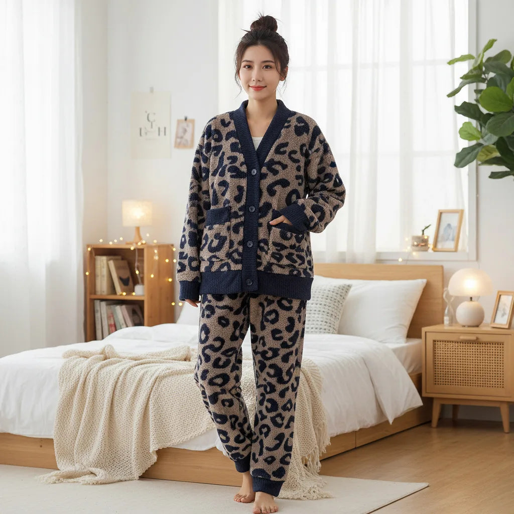 Winter Thickened Fleece Lined Half Velvet Pajamas Women's Home Clothes Set Simple Korean Leopard Print Sleepwear V-neck