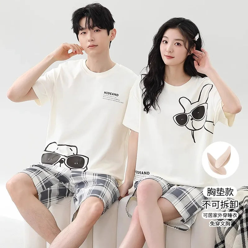 Couples Home Suit Women's Sleepwear Suit Man's Pajamas Set Cotton Short Sleeves Sleep Tops Shorts Pyjamas Nightwear Mujer Homme
