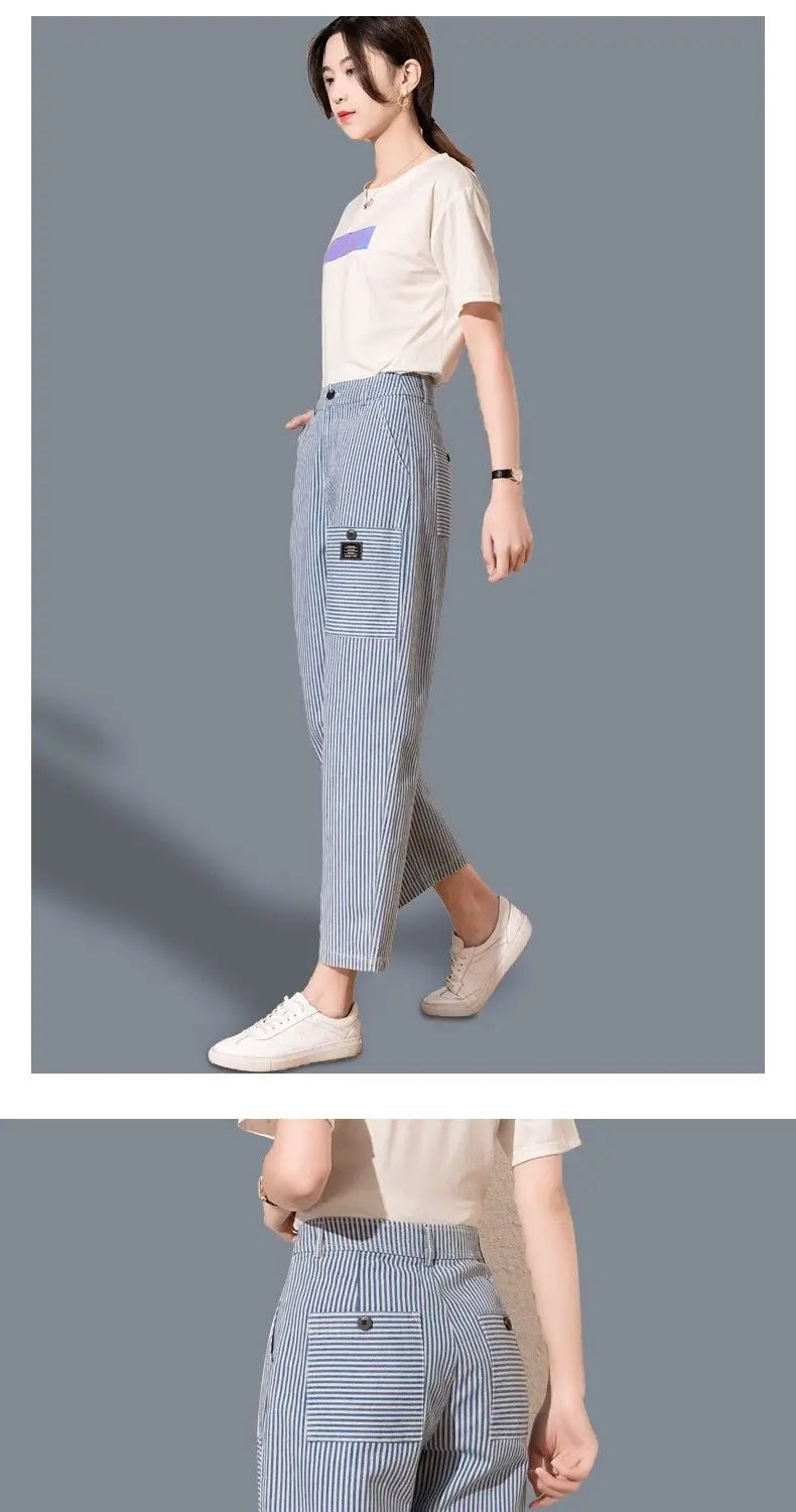 Striped Jeans Women's New Style Spring and Autumn Korean Style Women's Pants Straight Loose Trousers Wide-leg Pants for Women