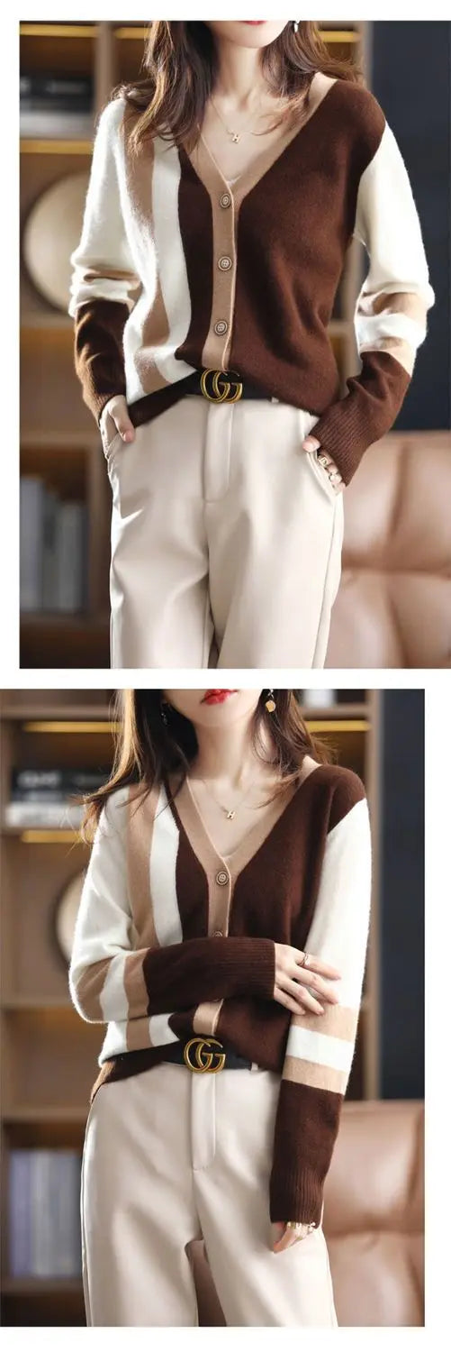 2023 New Spring and Autumn Fashion French Niche V-neck Stripe Color Blocking Loose Casual Lazy Style Women's Sweater Cardigan