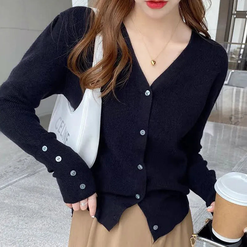 2025 Autumn And Winter Casual Sweater V Neck Women Korean Fashion Tops Long Sleeve Solid Basic Knitted Cardigan Female