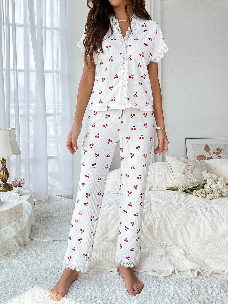 Women's Summer Fall V-neck Lace Cherry Print Pajama Set Slim Fit Short Sleeve Shorts & Pants Home Loungewear