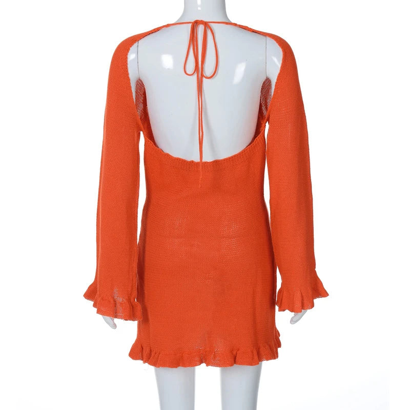 2026 Women Ins Style Sexy Backless Neck-hanging Long Sleeve Fishtail Dress Knit Beachwear Summer Swimsuit Bikini Cover-ups A2825
