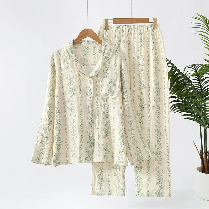 Summer women's 2-piece set of 100% pure cotton women's sleepwear bedroom set long sleeved+long pants women's sleepwear