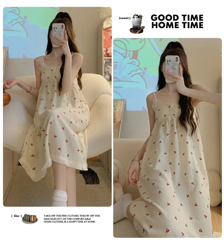 With Chest Cushion Halter Nightgown Female Summer Floral Breathable Thin Section of the Princess Style Loose Knee-Length Pajamas
