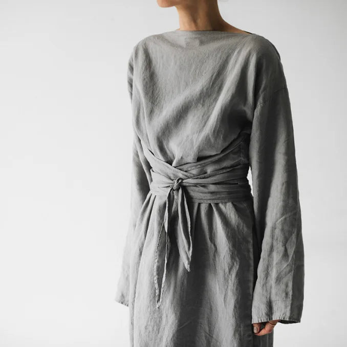 Fall Long Sleeve Loose Cotton Linen Dress Women 2024 Fashion Casual Solid New Lace-up Bow Maxi Dresses Elegant Vestidos