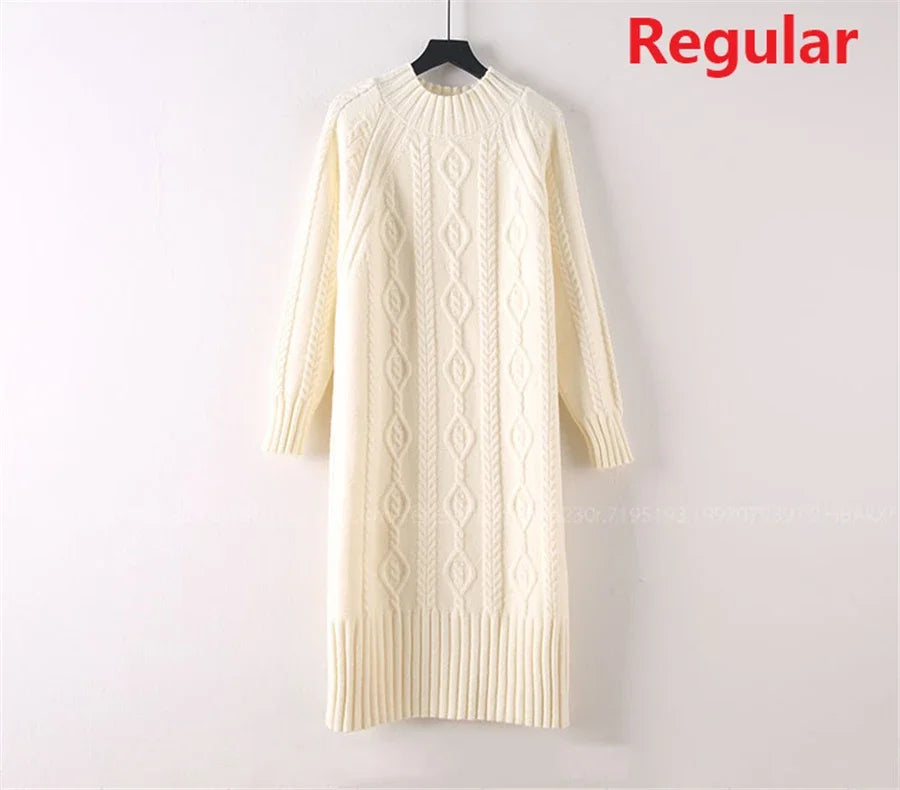 Winter Thicken Plush Velvet Lined Sweater Dress Women's Fall Half Turtleneck Rib Knit Bottom Dresses Elegant Warm Vestido Midi