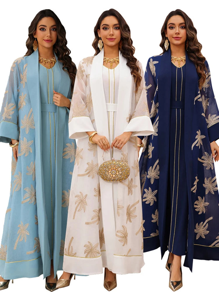 Eid Women Dress Muslim Abaya 2 Piece Set Musulman Ensembles Party Jalabiya Ramadan Abayas Vestidos Largos Kaftan Arab Long Robe