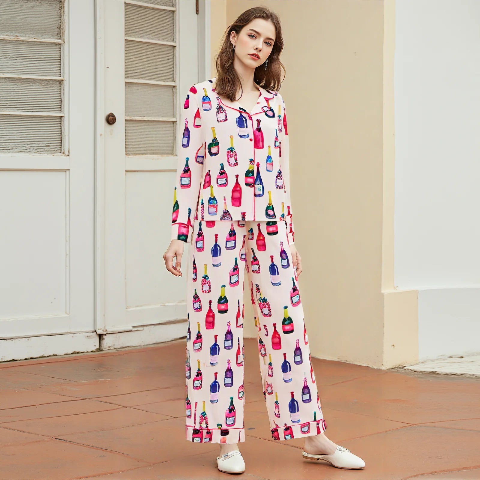 Womens Satin Pajamas Sets  2 Piece Set Champagne Bottle Wine Glasses Long Sleeve Button down Shirt Pants Satin Silk Loungewear