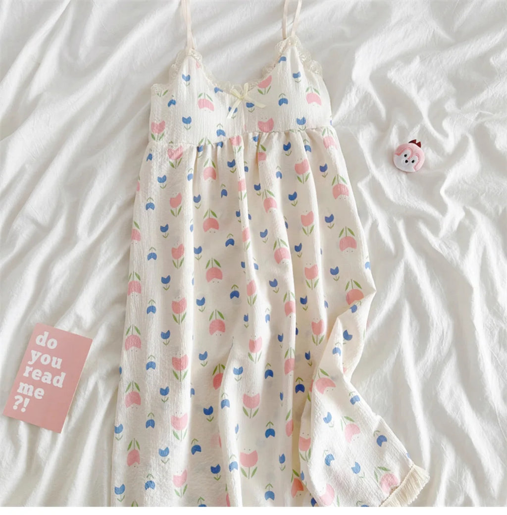 With Chest Cushion Halter Nightgown Female Summer Floral Breathable Thin Section of the Princess Style Loose Knee-Length Pajamas