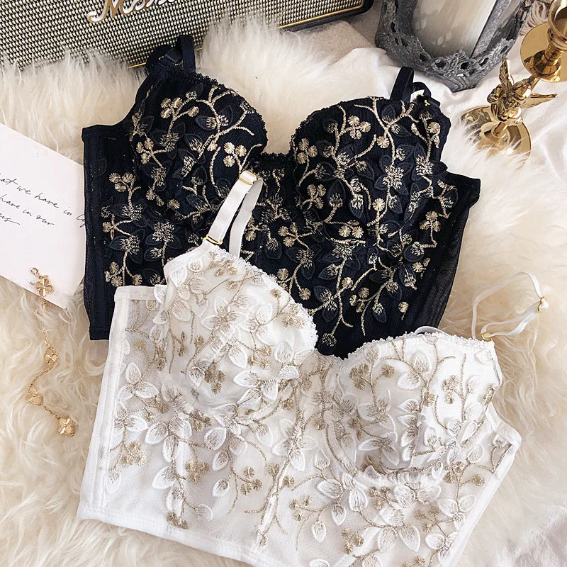 2 Pieces Sexy Lace Flowers Embroidery Underwear Set for Women French Body Shaping Push Up Bra Set Romantic White Lingerie Sets