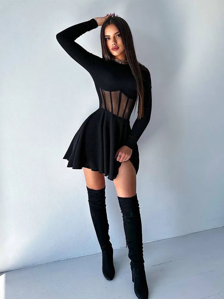 Solid Color Waist Mesh Splicing Design Women's Dress Spring And Summer New Fashion Round Neck Long Sleeve Slim A-line Dress 2025