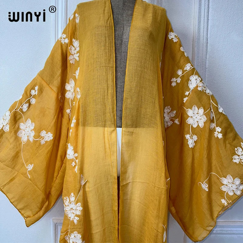 WINYI summer outfit Embroidered elegant cardigan Beach Wear Swim Suit Cover Up Holiday Long Sleeve Kimono beach maxi dress