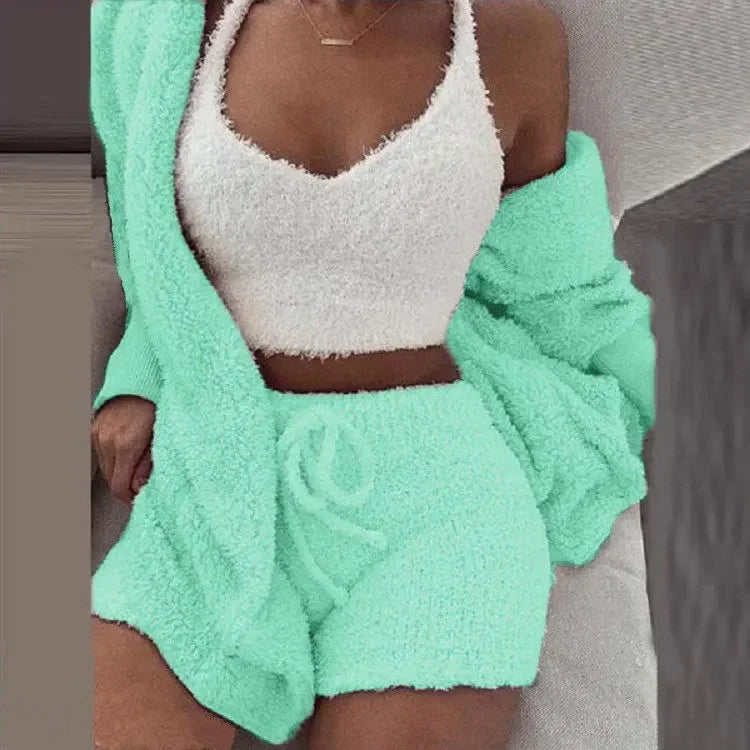 Cozy Knit 3 Pieces Set Fluffy Pajamas Women Casual Sleepwear Tank Top and Shorts Plus Size Hoodie Leisure Homsuit Winter Pijamas