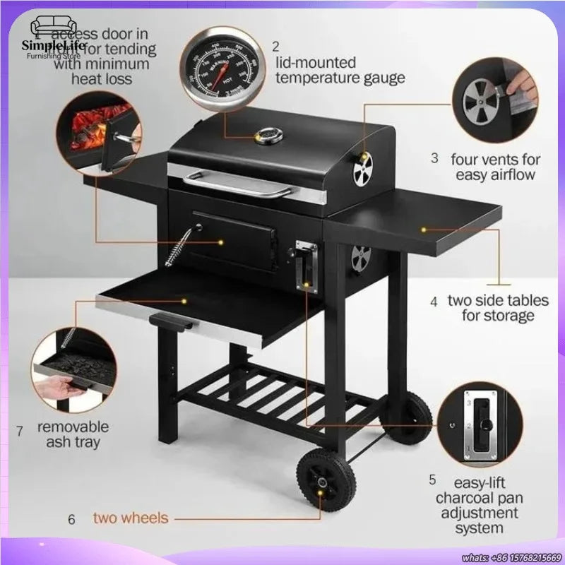 Large Charcoal Grill Smoker BBQ Grill Outdoor Camping Stove with Wheels Heavy Duty Portable Barbecue for Home Party Garden