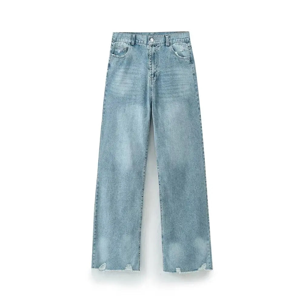 YENKYE New Women Fashion Ripped Wide Leg Jeans Vintage High Waist Pockets Female Denim Pants Autumn Trousers pantalones