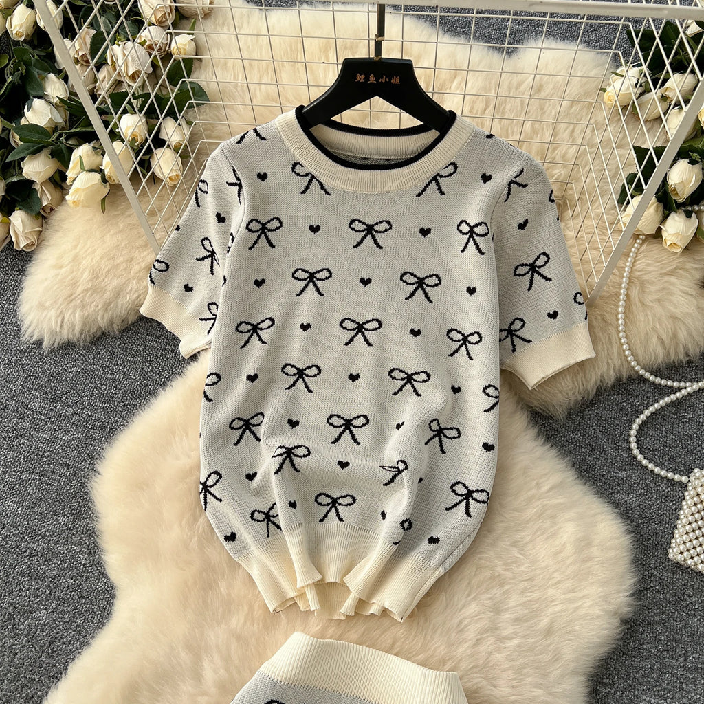 SINGREINY Newest Summer Knitting Suits O Neck Basic Tops+High Waist Sheath Long Skirt Bow Print Chic Casual Women 2pcs Sets