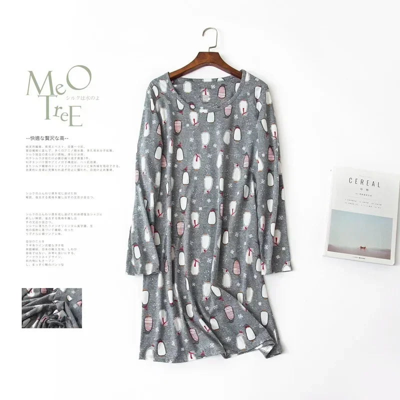 Knitted Cotton Women Plus Size Lingere Nightgown Loose Nightdress Long Sleeve Night Gown Cute Cartoon Home Dress Sexy Sleepwear