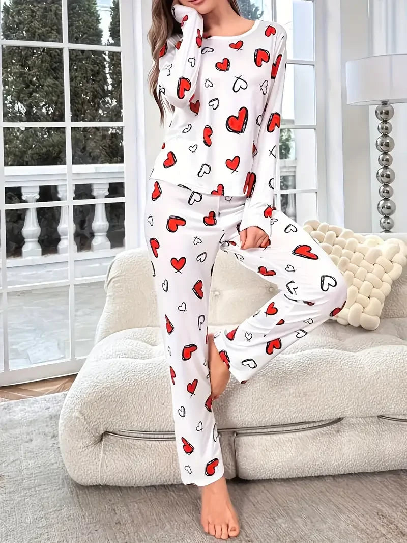 Heart Print Ribbed Frill Trim Pajama Set for Women Sleepwear Knitted Round-Neck Loose Tops Elastic Long Pants Loungewear