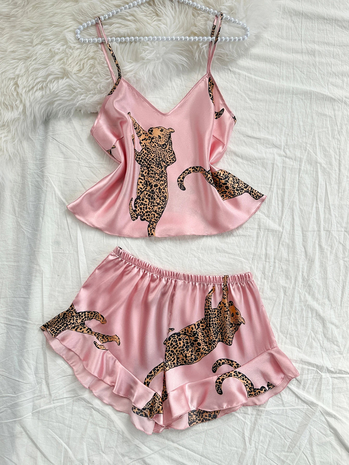 2-Piece Leopard Print Pajama Set Sexy and Casual Halter Shorts Women's Sleepwear