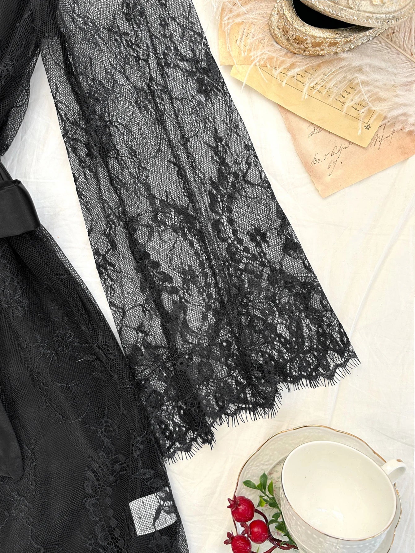 Sexy Elegant Pure Color Mesh Nightgown Set Transparent Lace Robe Sleepwear Casual Comfortable Women's pajamas