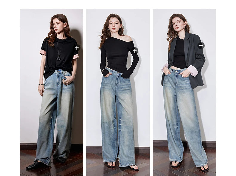 TOYOUTH Women Denim Jeans 2025 Spring New Mid Waist Wide Leg Straight Casual Long Pants