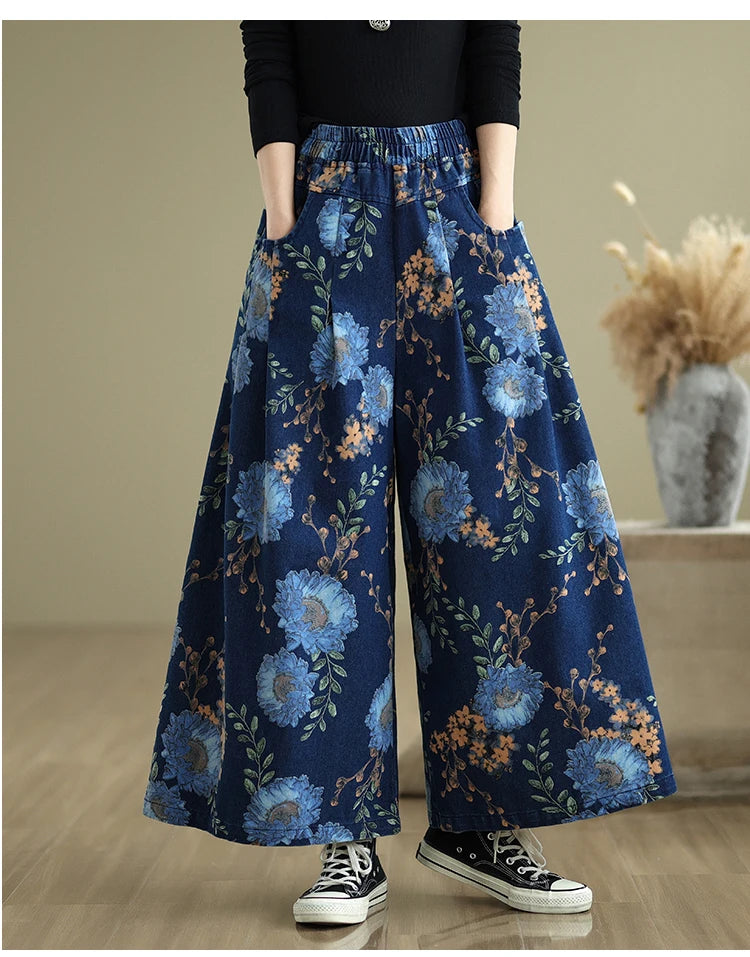 NYFS 2025 New Summer Vintage Print Woman Jeans Loose Plus size Trousers Elastic Waist Denim Wide Leg Pants